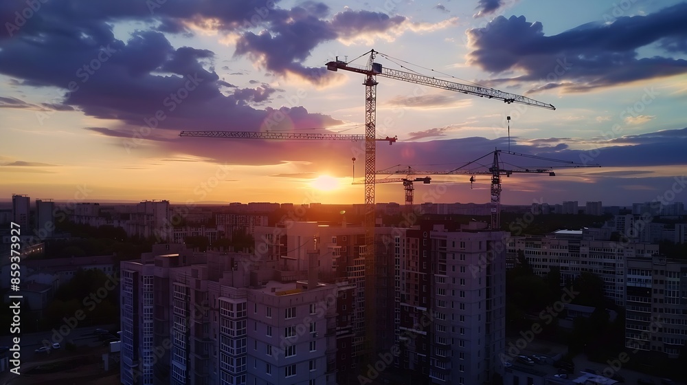 Sunset at the construction site Aerial view Black silhouettes of residential buildings with tall cranes on the territory on a background of blue cloudy dramatic sky buildings on the ho : Generative AI