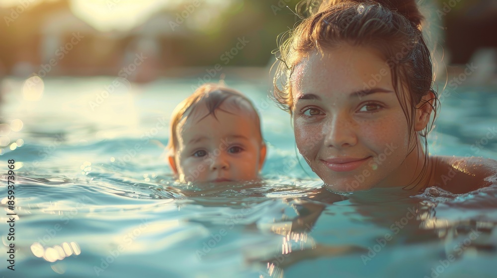 A young mother and her infant enjoy playing in the water under the warm sunlight. Both are smiling and looking content, embodying joy and a carefree moment. A young mother and her infant enjoy playing in the water under the warm sunlight. Both are smiling and looking content, embodying joy and a carefree moment.