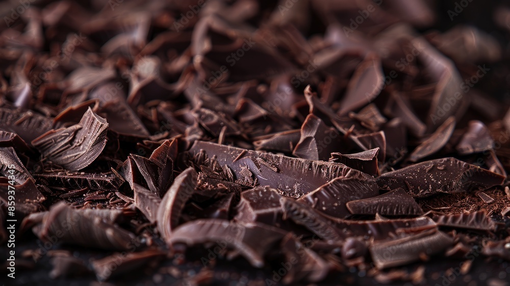 Dark chocolate shavings on a dark background, illustrating the richness and depth of flavor. Dark chocolate shavings on a dark background, illustrating the richness and depth of flavor.
