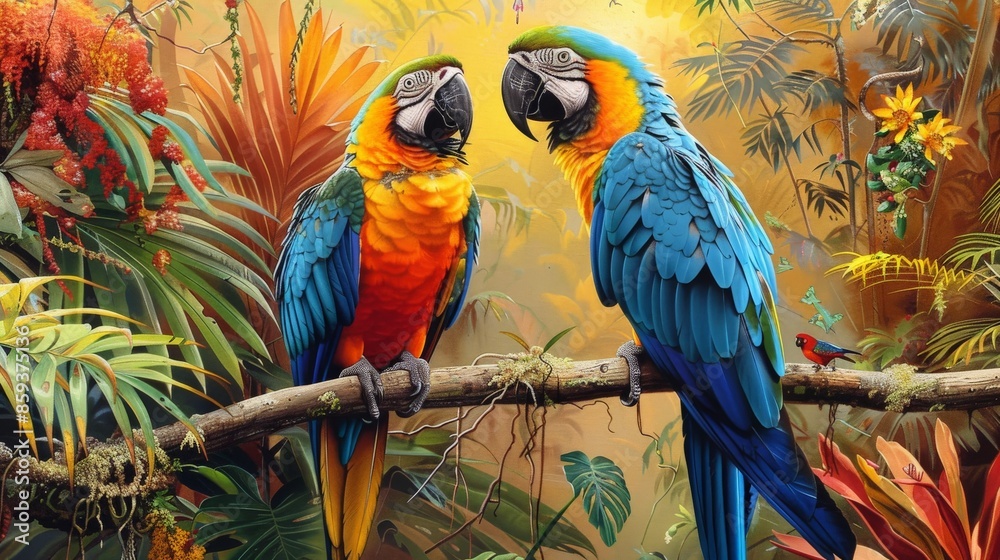 Obraz premium Two Macaws Perched on a Branch in a Lush Jungle.