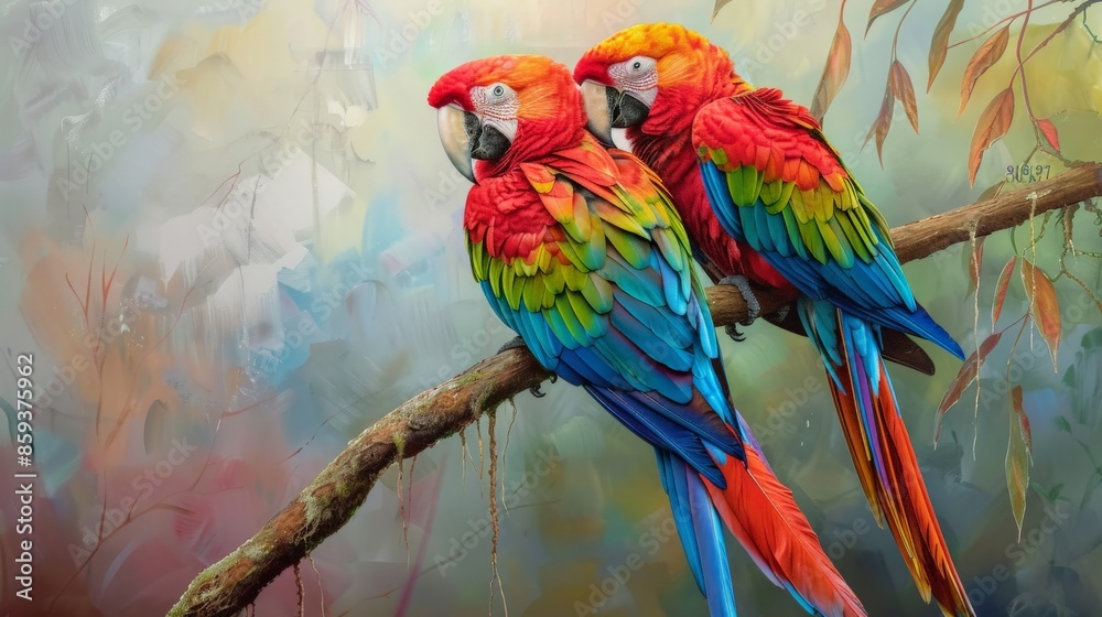 Fototapeta premium Colorful Macaws Perched on a Branch.