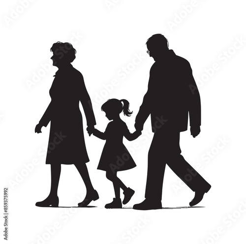 grandparents walking with granddaughter vector silhouette Illustration