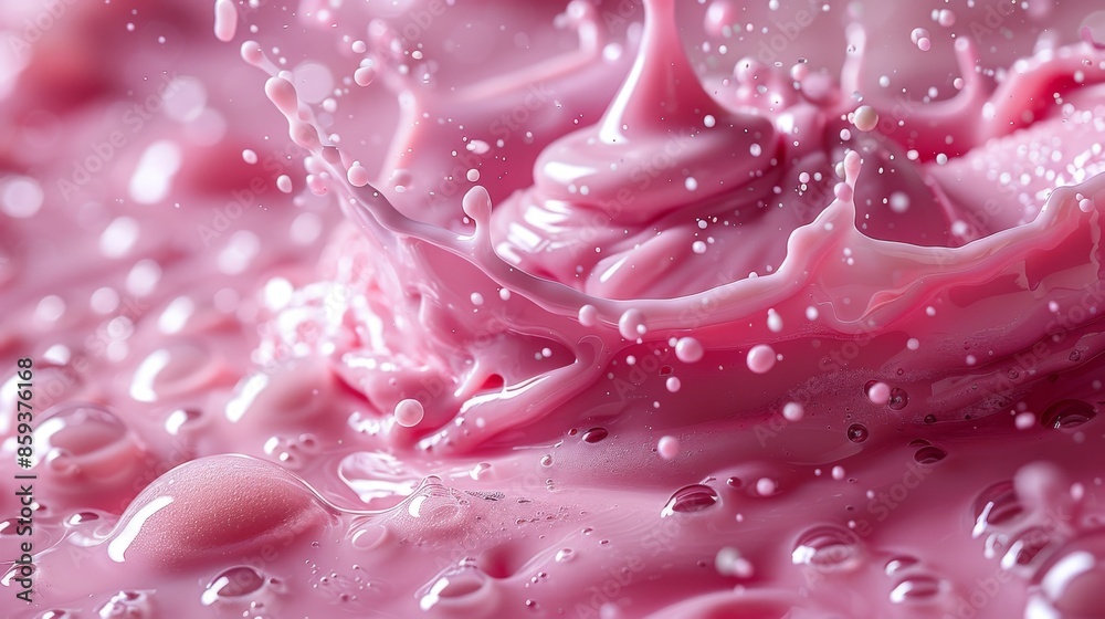 A vibrant splash of bright pink liquid creating dynamic shapes and droplets suspended in mid-air, showcasing the vividness and energy of the fluid motion. A vibrant splash of bright pink liquid creating dynamic shapes and droplets suspended in mid-air, showcasing the vividness and energy of the fluid motion.