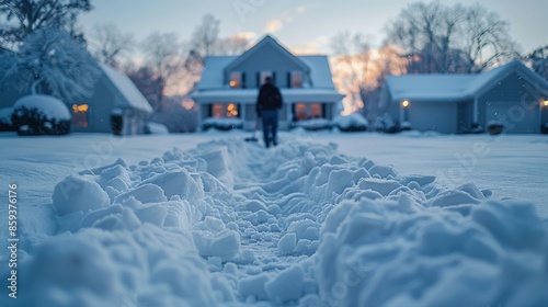 A person making their way through a heavily snow-covered path leading to a cozy home in a peaceful suburban neighborhood during a tranquil winter evening. photo