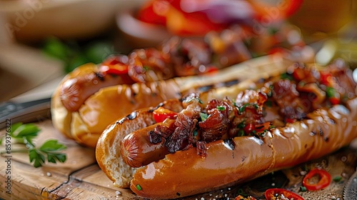 Close-up of gourmet hot dogs topped with grilled onions, peppers, and herbs on a wooden board, perfect for a summer barbecue or picnic.