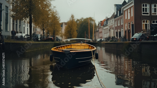 A small boat in a canal in the Dutch city of Amersfoort.