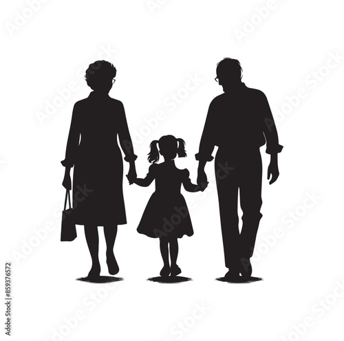 grandparents walking with granddaughter vector silhouette Illustration