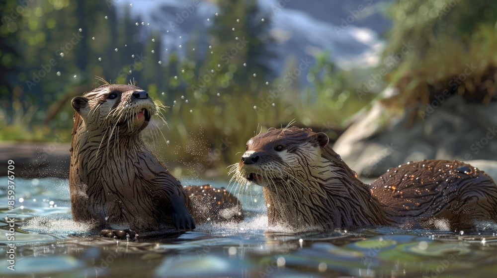 Two Otters Playing in a Mountain Lake. Two Otters Playing in a Mountain Lake.