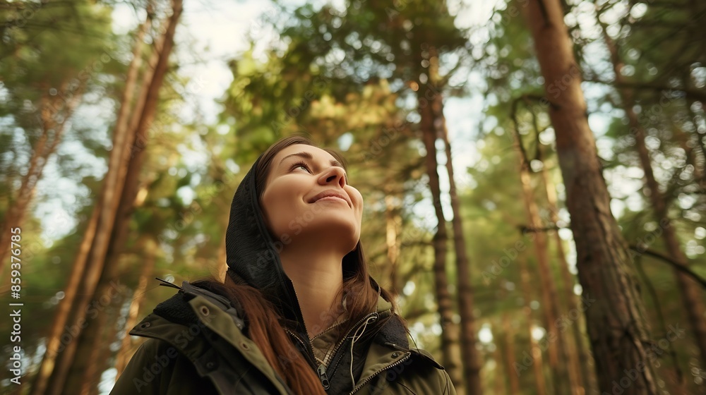 woman in the forest feeling happy looking up to the trees feeling at peace in nature : Generative AI woman in the forest feeling happy looking up to the trees feeling at peace in nature : Generative AI