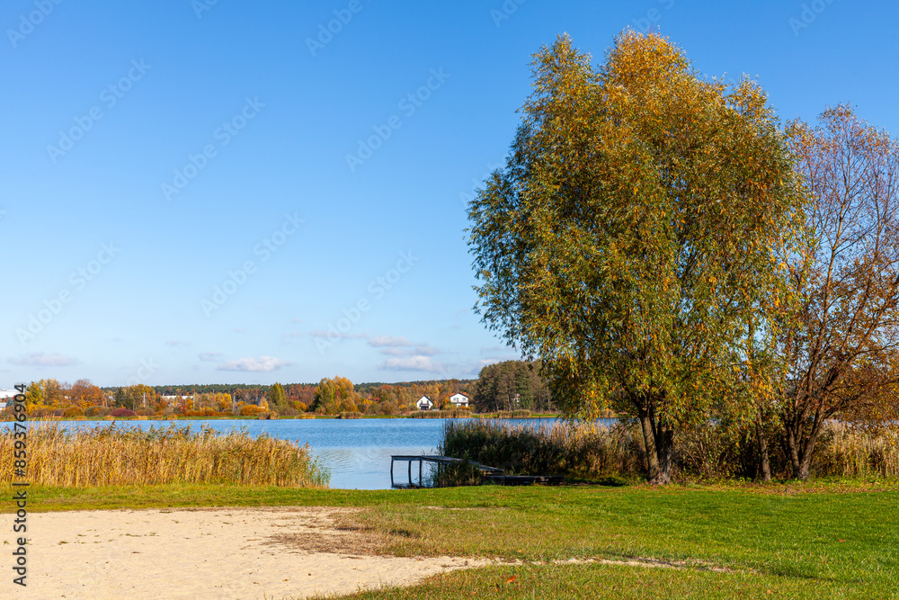 Obraz premium Landscape in the countryside by the lake on a sunny October day. A quiet place to relax by the water.