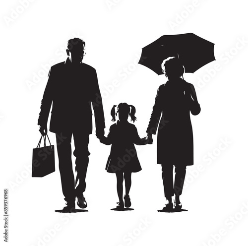 grandparents walking with granddaughter vector silhouette Illustration