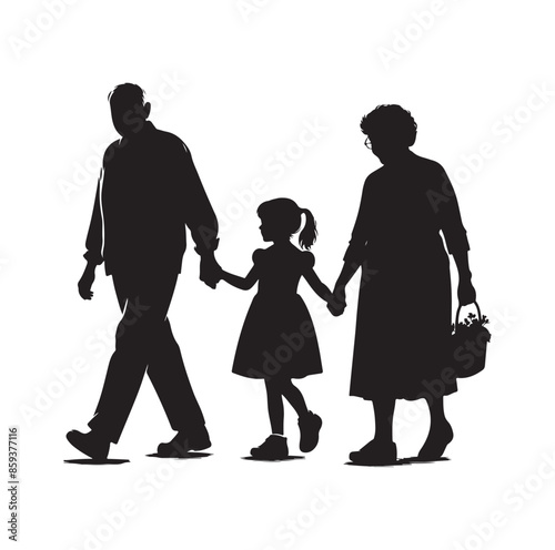 grandparents walking with granddaughter vector silhouette Illustration