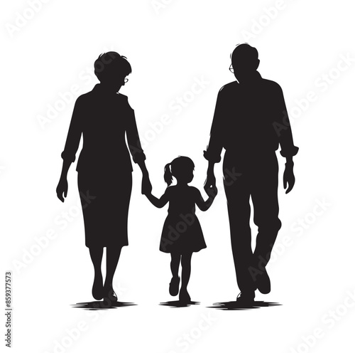 grandparents walking with granddaughter vector silhouette Illustration