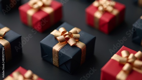 Small dark blue and red gift boxes with golden bows, perfectly arranged on a pure black background, contrasting colors creating a striking visual, elegant and festive