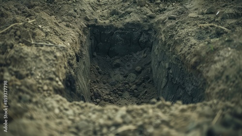 Freshly dug grave. AI generated.