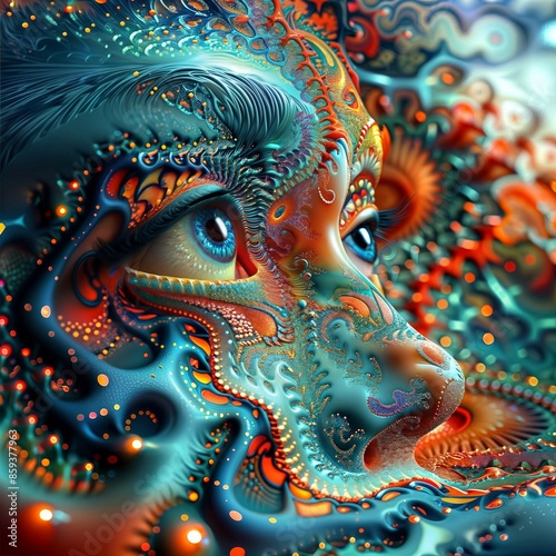 Intricate digital artwork of a fantastical face with vibrant colors, swirling patterns, and bioluminescent details. Psychedelic portrait blending organic and fractal elements.