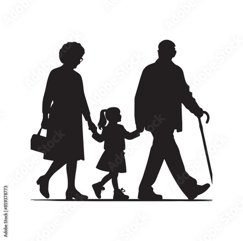 grandparents walking with granddaughter vector silhouette Illustration