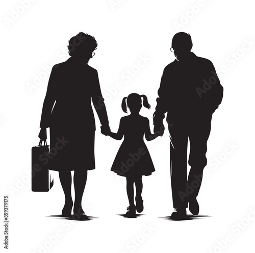 grandparents walking with granddaughter vector silhouette Illustration