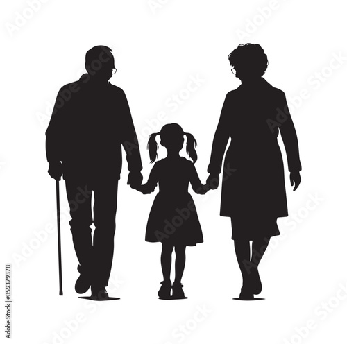 grandparents walking with granddaughter vector silhouette Illustration