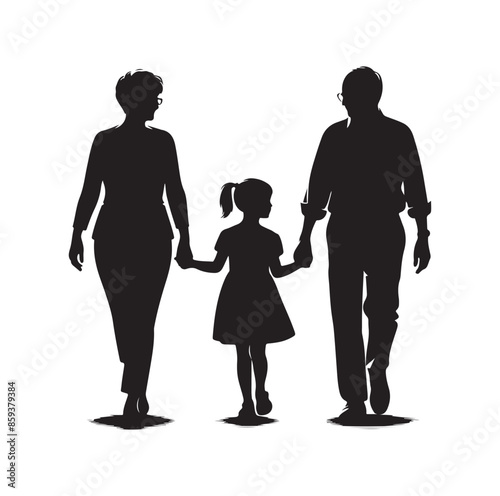 grandparents walking with granddaughter vector silhouette Illustration