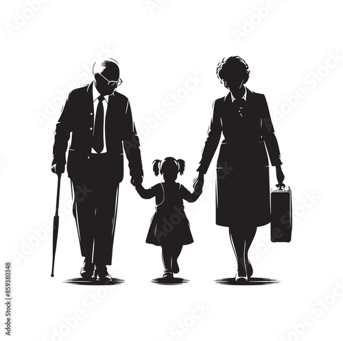 grandparents walking with granddaughter vector silhouette Illustration