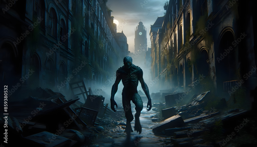 Apocalyptic Scene with Monster Roaming Ruined City Apocalyptic Scene with Monster Roaming Ruined City