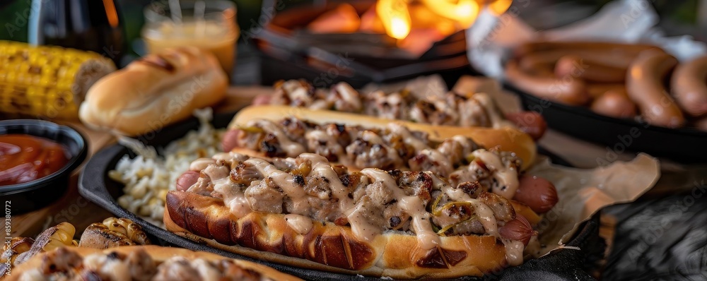Close-up of delicious grilled hot dogs topped with savory cheese and ground beef, served with sides, perfect for a BBQ feast. Close-up of delicious grilled hot dogs topped with savory cheese and ground beef, served with sides, perfect for a BBQ feast.