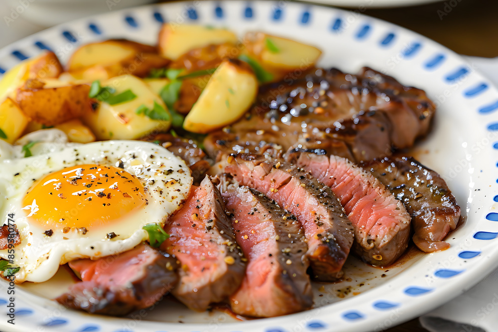 Plate with Breakfast. Steak and Eggs food photo Plate with Breakfast. Steak and Eggs food photo