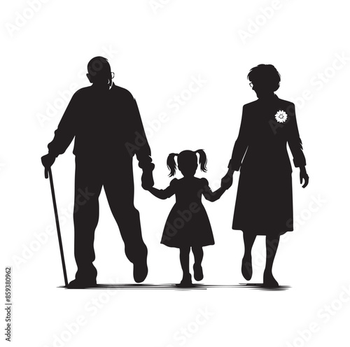grandparents walking with granddaughter vector silhouette Illustration