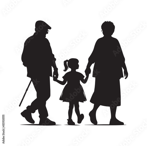 grandparents walking with granddaughter vector silhouette Illustration
