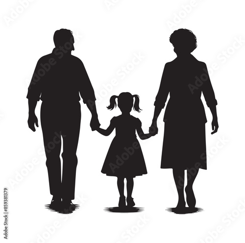 grandparents walking with granddaughter vector silhouette Illustration