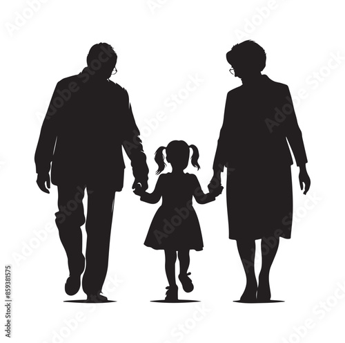 grandparents walking with granddaughter vector silhouette Illustration