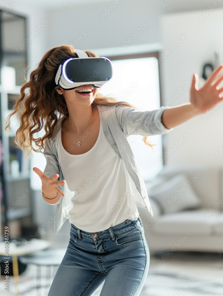 Young woman throwing playing a virtual reality game skapad av ai Young woman throwing playing a virtual reality game skapad av ai