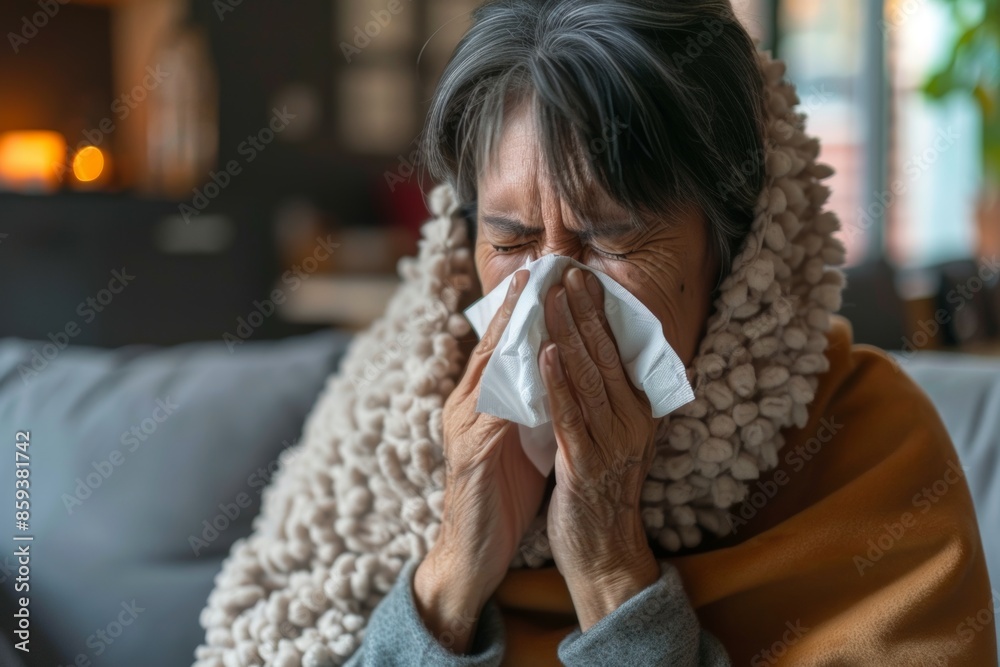 Elderly woman with cold blowing nose at home Elderly woman with cold blowing nose at home