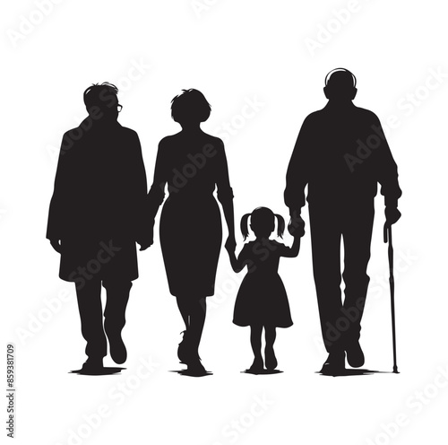 grandparents walking with granddaughter vector silhouette Illustration