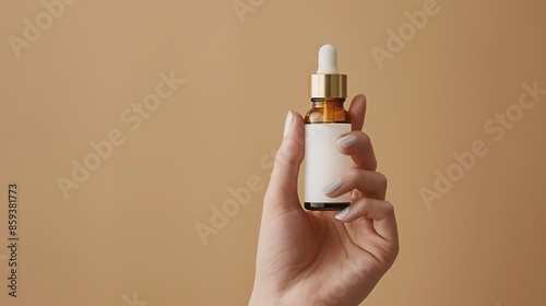 Hand Holding Amber Glass Dropper Bottle with White Label on Beige Background - Skincare and Beauty Concept