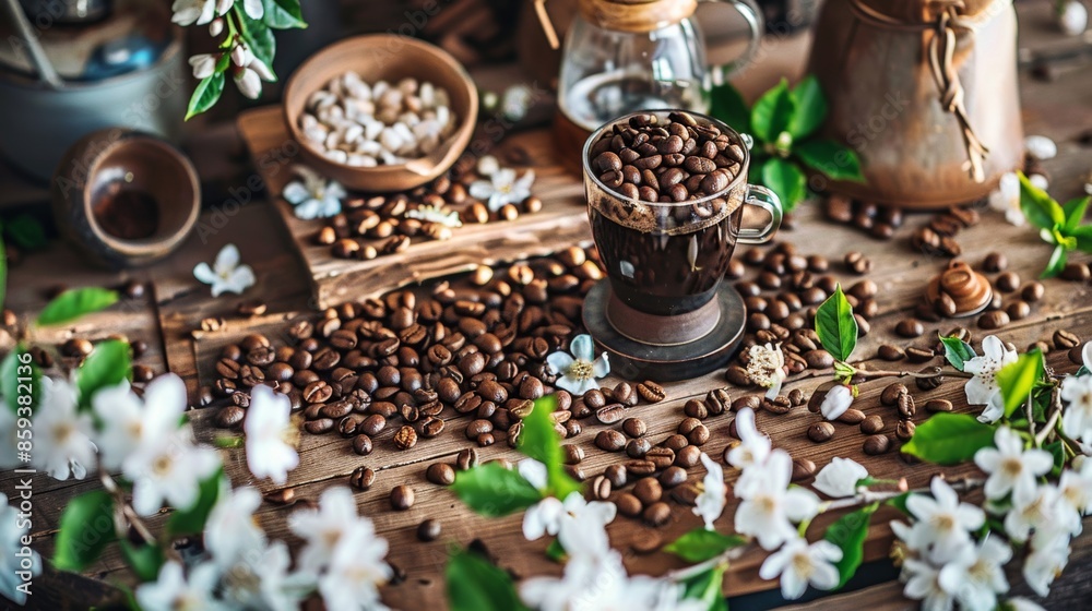 Freshly brewed coffee surrounded by beans and spring blossoms Freshly brewed coffee surrounded by beans and spring blossoms