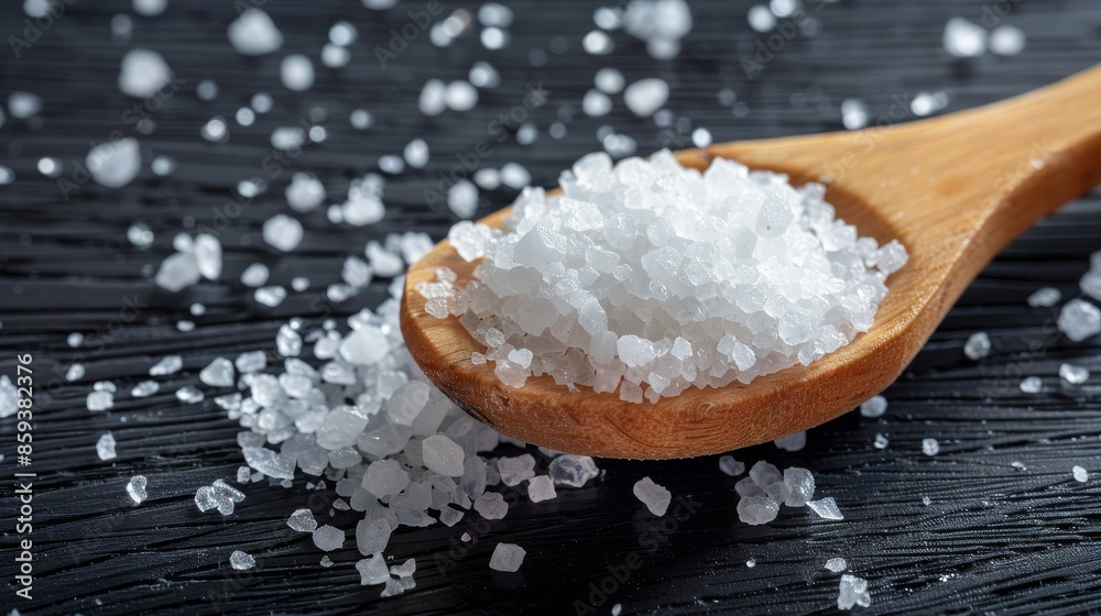 Close-up of coarse sea salt crystals on a wooden spoon against a black background. Food and cooking ingredient concept Close-up of coarse sea salt crystals on a wooden spoon against a black background. Food and cooking ingredient concept