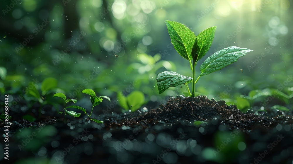 Young green plant growing in soil, close-up in sunlight. Nature and new life concept Young green plant growing in soil, close-up in sunlight. Nature and new life concept