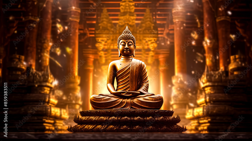 A statue of Buddha sits on a lotus flower in front of a mountain range. A statue of Buddha sits on a lotus flower in front of a mountain range.