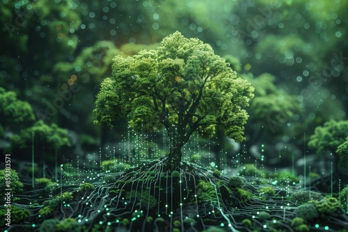 Realistic illustration of AI using machine learning to analyze habitats and promote ecological balance Machine learning habitats, AI integration, Ecological balance