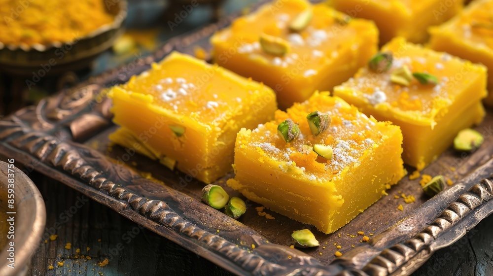 Traditional Indian Sweet Moong Dal Burfi with Yellow Gram Flour Ghee Mawa Pistachio in Tray Traditional Indian Sweet Moong Dal Burfi with Yellow Gram Flour Ghee Mawa Pistachio in Tray