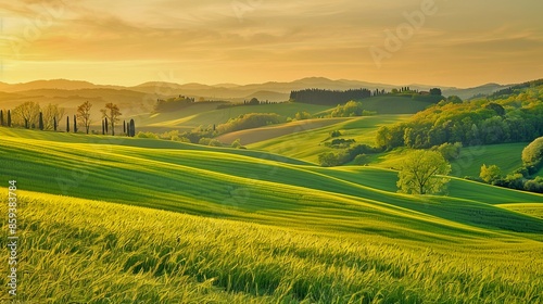 Idyllic landscape featuring rolling green hills under a golden sunset. A serene countryside scene perfect for tranquility and nature themes. AI generated photo ideal for backgrounds and blogs. AI