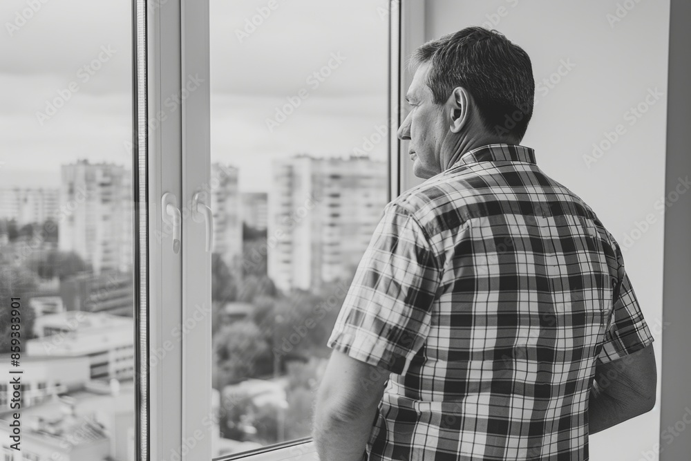 Contemplative man looking out a window at the cityscape Contemplative man looking out a window at the cityscape
