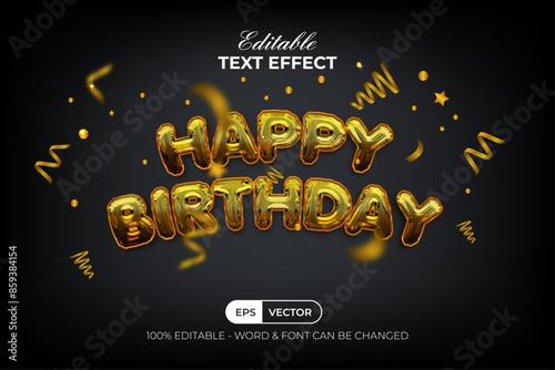Photography Happy Birthday Text Effect Gold Balloon Helium Style.