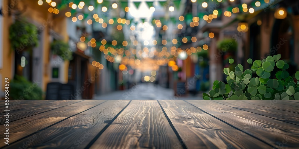 St Patrick's Day flags and green garlands on wooden tabletop with blurred city street background. Concept St Patrick's Day, Flags, Green Garlands, Wooden Tabletop, City Street Background St Patrick's Day flags and green garlands on wooden tabletop with blurred city street background. Concept St Patrick's Day, Flags, Green Garlands, Wooden Tabletop, City Street Background