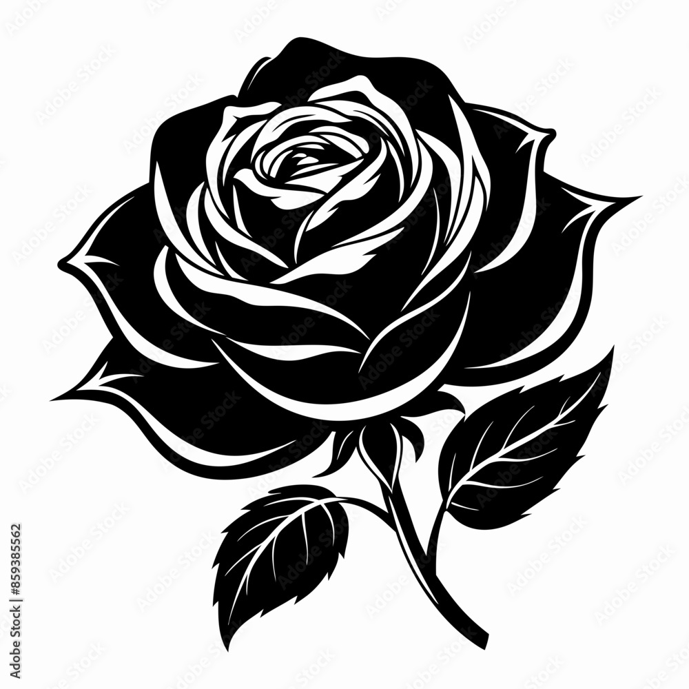Vector black silhouette of a rose flower with stem isolated on a white background. Vector black silhouette of a rose flower with stem isolated on a white background.