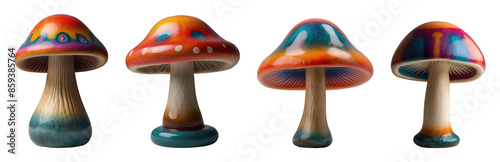 Set of various colourful ceramic garden décor mushrooms isolated on transparent background. Generative AI photo