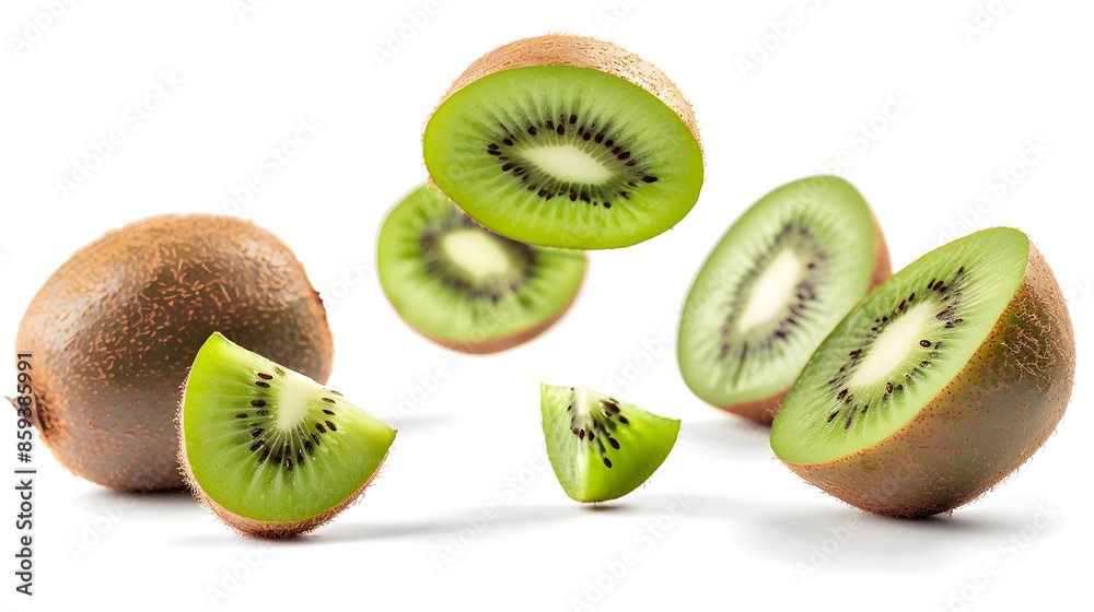Fototapeta premium Slices of kiwi falling, isolated white background