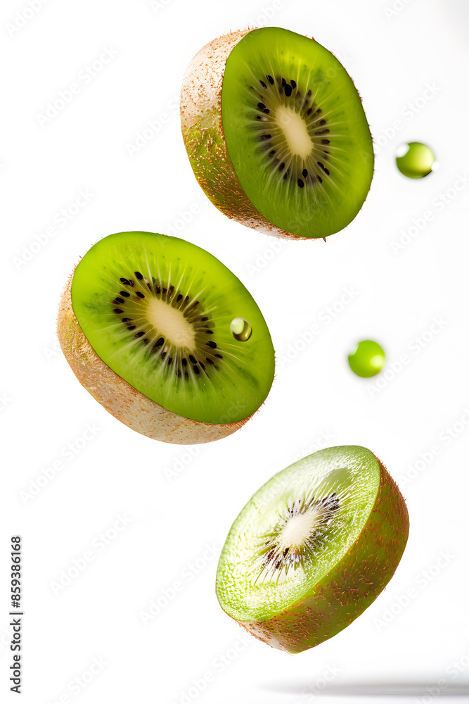 Fototapeta premium Slices of kiwi falling, isolated white background